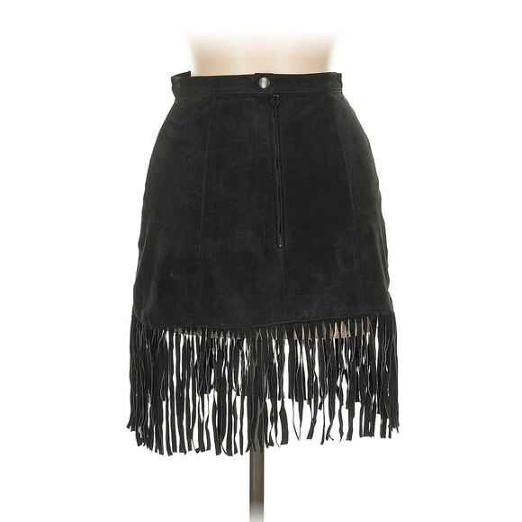 VTG Comint Black Fringe Suede Leather Mini Skirt UK 6 US 2 (25" waist) - Picture 2 of 4